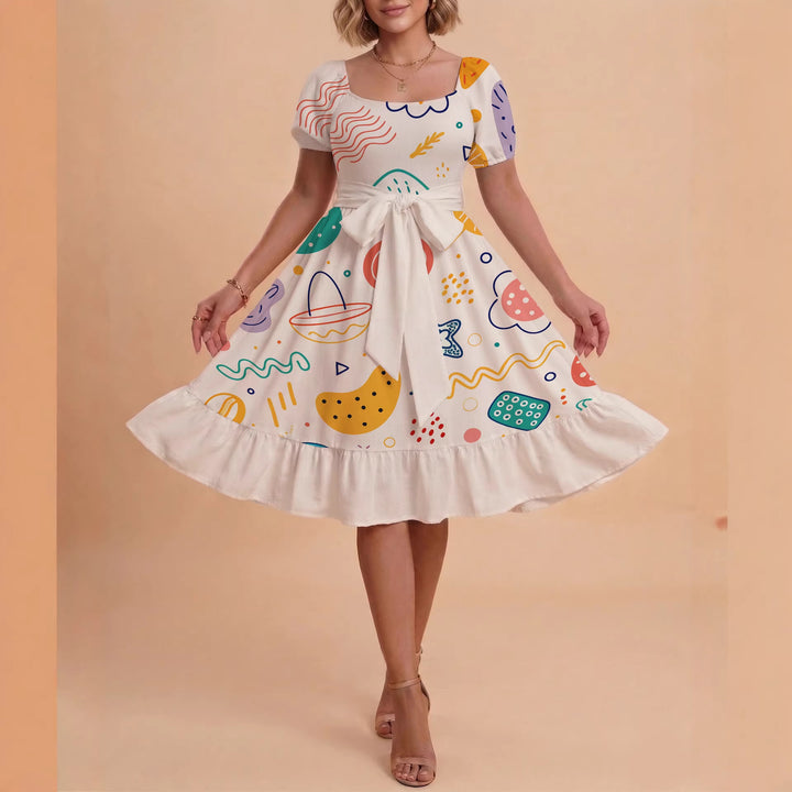 Damen Sommerkleid mit floralem Puffärmel und taillierbarem Gürtel Echo Archiv