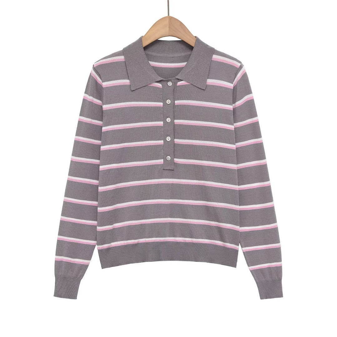 Damen Gestreifter Feinstrick-Polo-Pullover mit Knopfleiste und Rippbündchen Echo Archiv