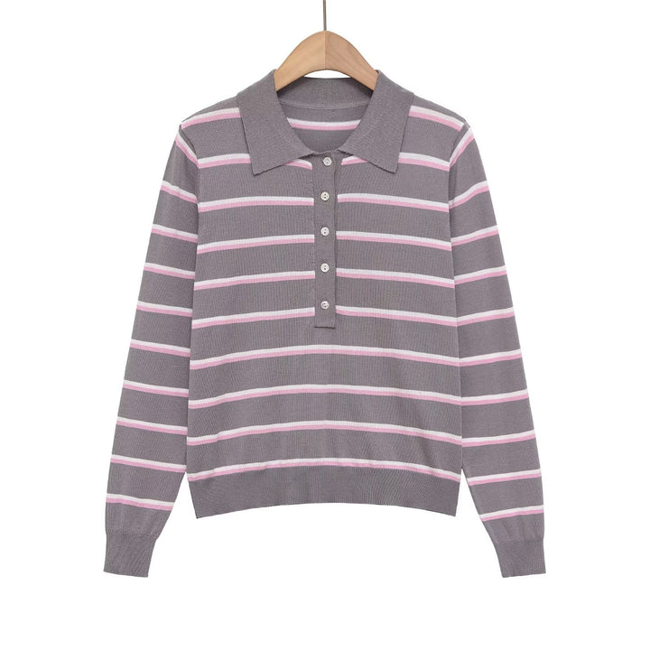 Damen Gestreifter Feinstrick-Polo-Pullover mit Knopfleiste und Rippbündchen Echo Archiv