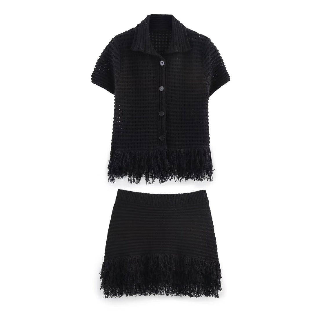 Damen Kurzarm-Strickjacke mit fransigem Saum und dekorativen Knöpfen Echo Archiv
