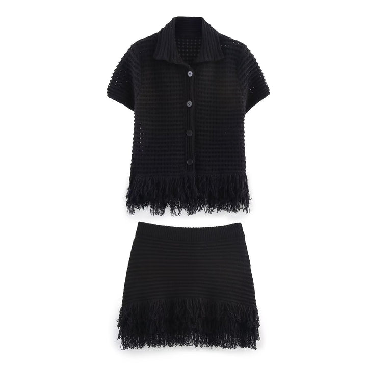 Damen Kurzarm-Strickjacke mit fransigem Saum und dekorativen Knöpfen Echo Archiv