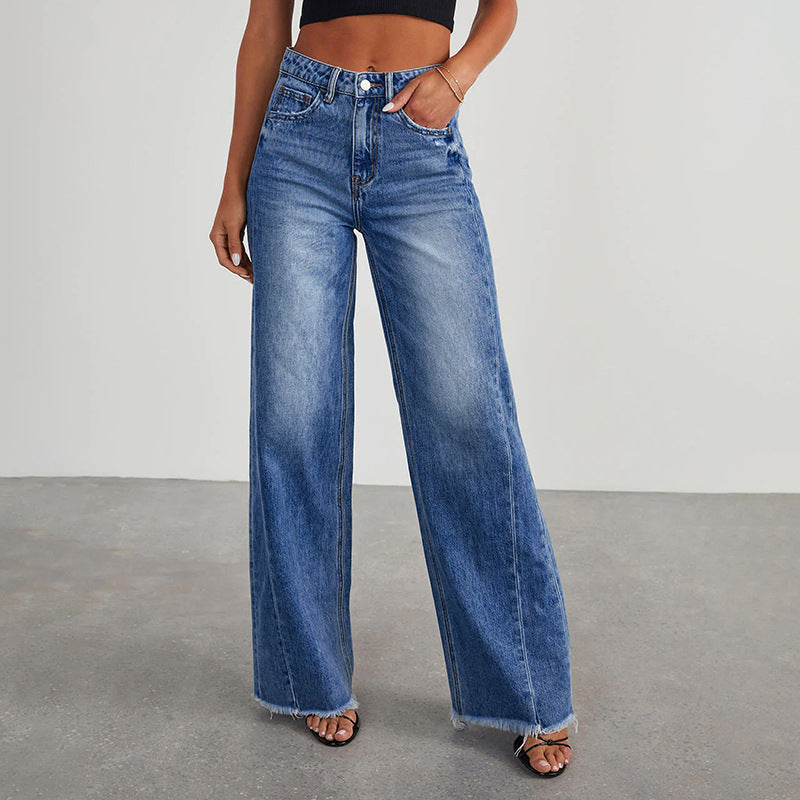 Damen High-Waist Schlagjeans mit weitem Bein und ausgefranstem Saum Echo Archiv