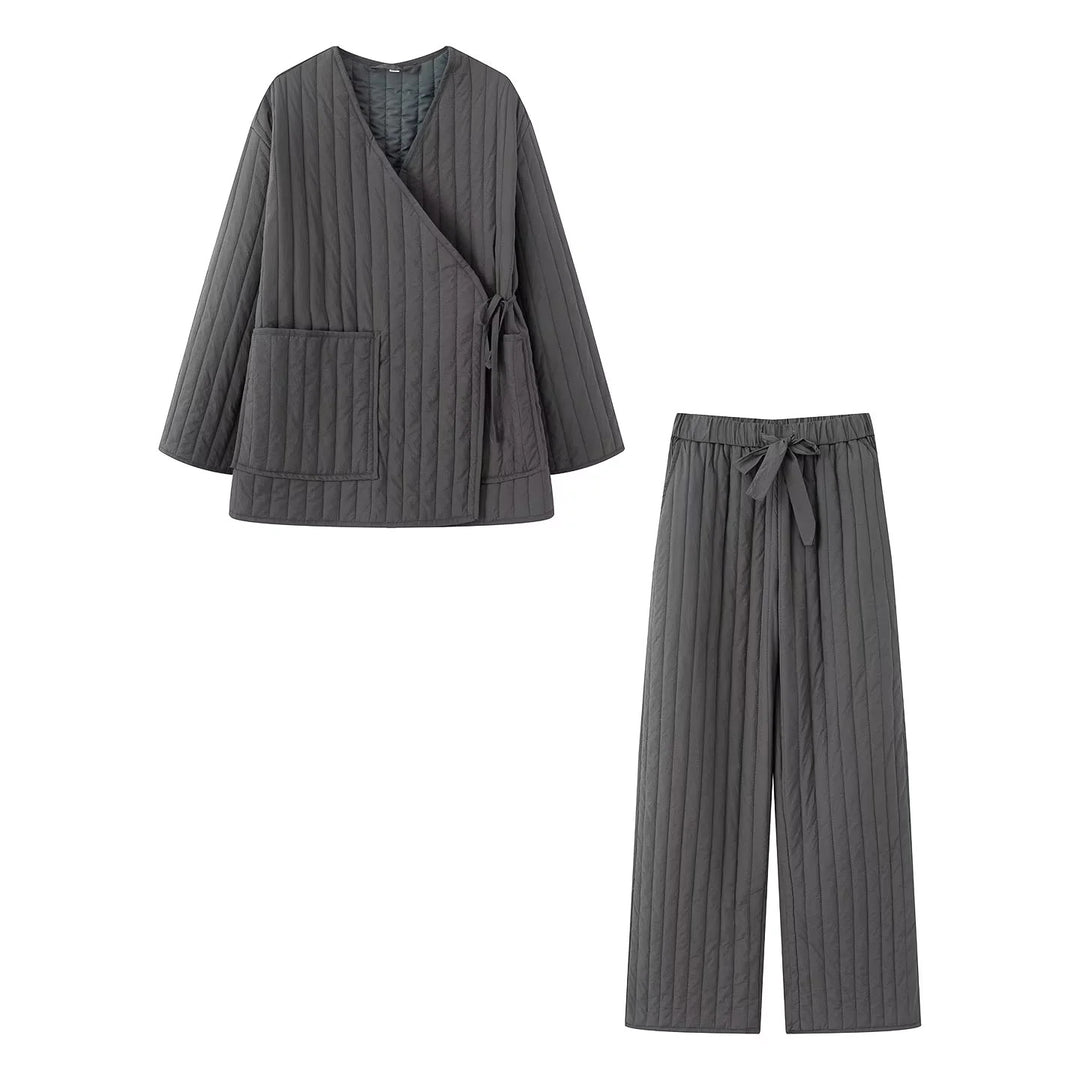 Damen gesteppter Kimono-Wickel-Loungewear-Set mit weiter Bundhose – Élanora