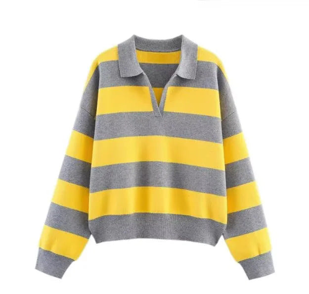 Damen nan oversized Rugby-Pullover mit Polokragen, V-Ausschnitt und breiten Streifen Echo Archiv