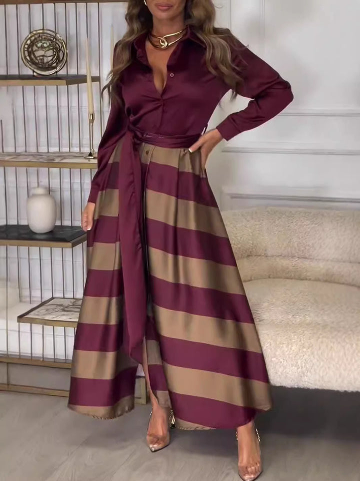 Damen Zwei-Teile Satin Set Shirt Bluse mit Bindegürtel und gestreiftem Maxi Rock Echoarchiv