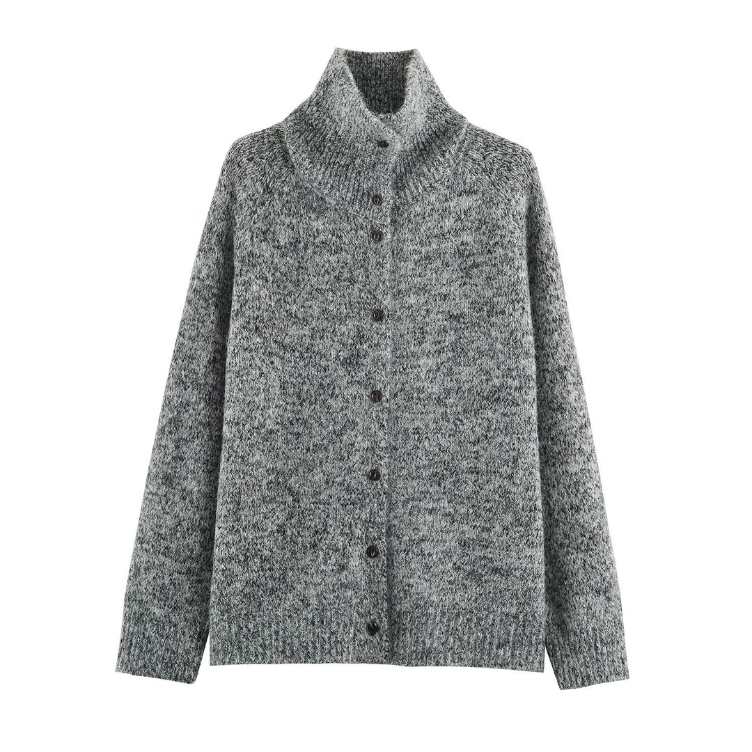 Damen Grobgestrickter Cardigan mit hohem Rollkragen und durchgehender Knopfleiste Echoarchiv