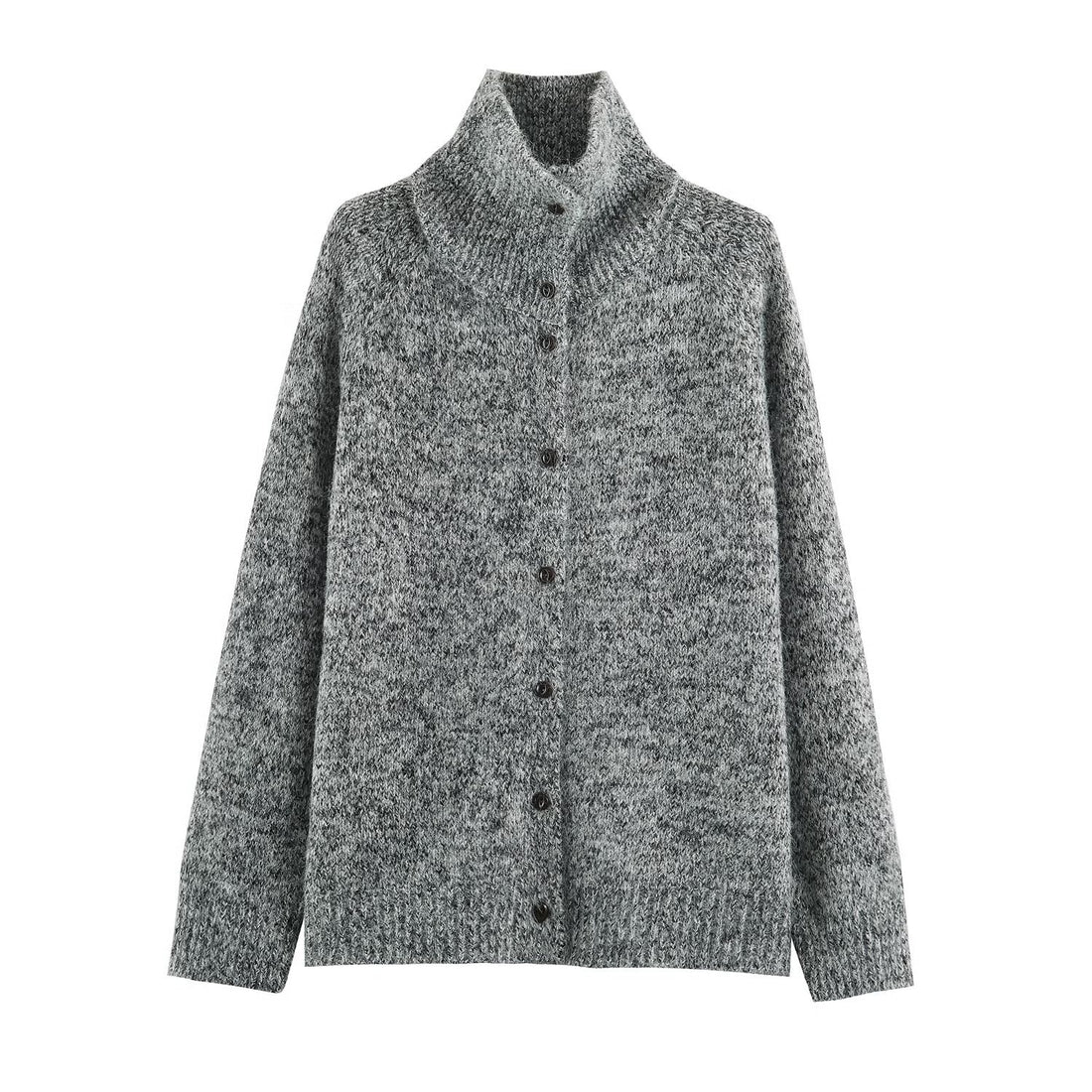 Damen Grobgestrickter Cardigan mit hohem Rollkragen und durchgehender Knopfleiste Echoarchiv