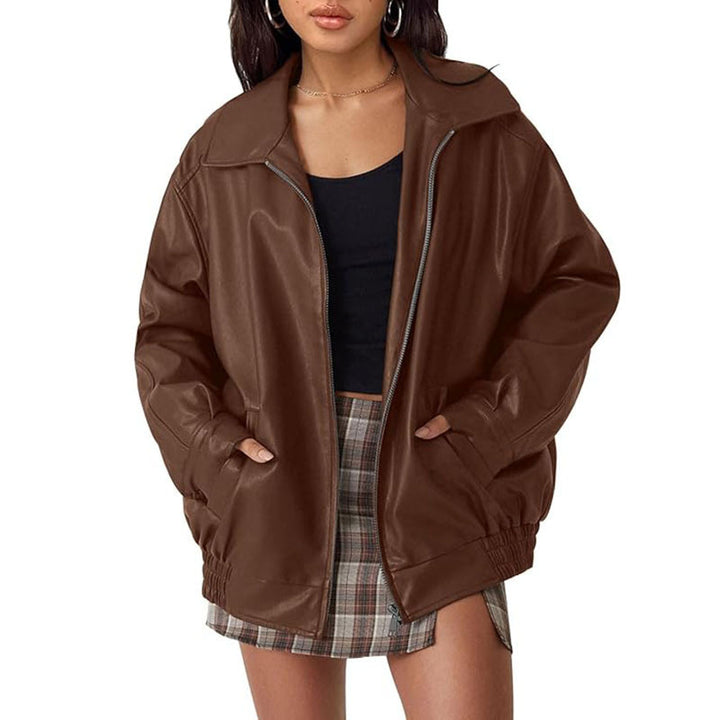 Damen Oversize Kunstleder Blouson mit Reißverschluss und elastischem Saum – Célinea