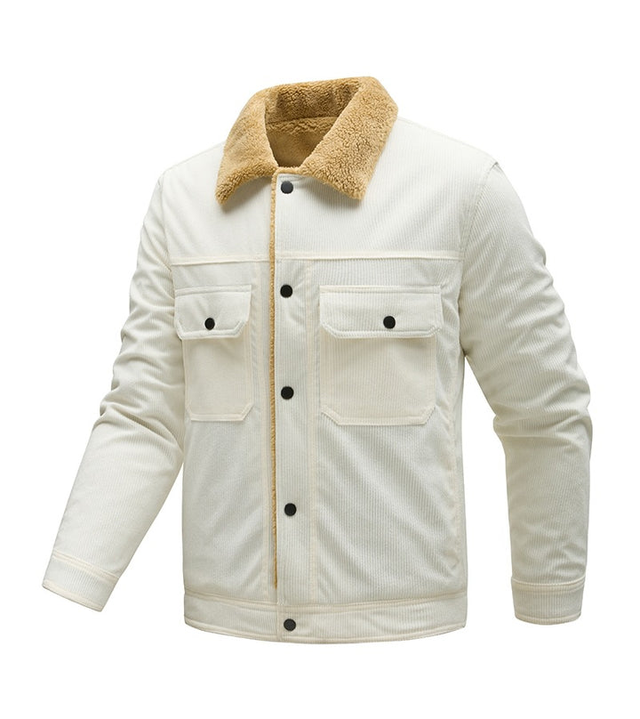 Herren Kordjacke mit Teddyfutter, Kunstfellkragen und Druckknopftaschen Echoarchiv
