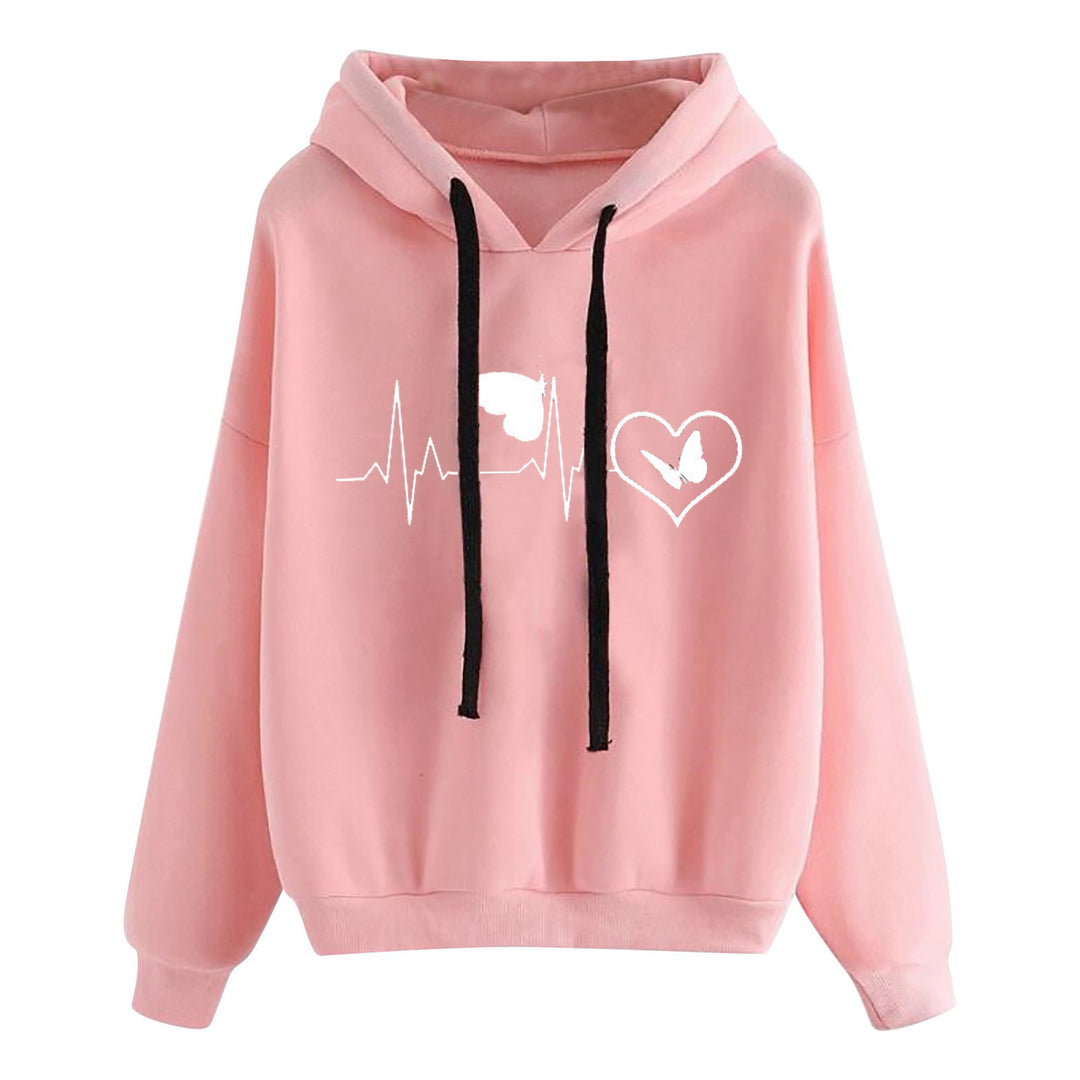 Damen leichter Oversize Kapuzenpullover mit Herz‑EKG‑Motiv, langen Kordeln und elastischem Bund – Auréline