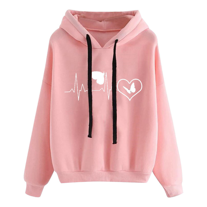 Damen leichter Oversize Kapuzenpullover mit Herz‑EKG‑Motiv, langen Kordeln und elastischem Bund – Auréline