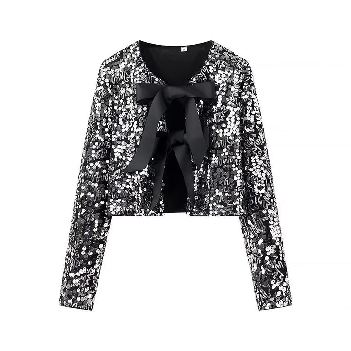 Damen glitzernde Cropped-Bolerojacke mit Paillettenbesatz und dekorativen Satinschleifen – Célinea