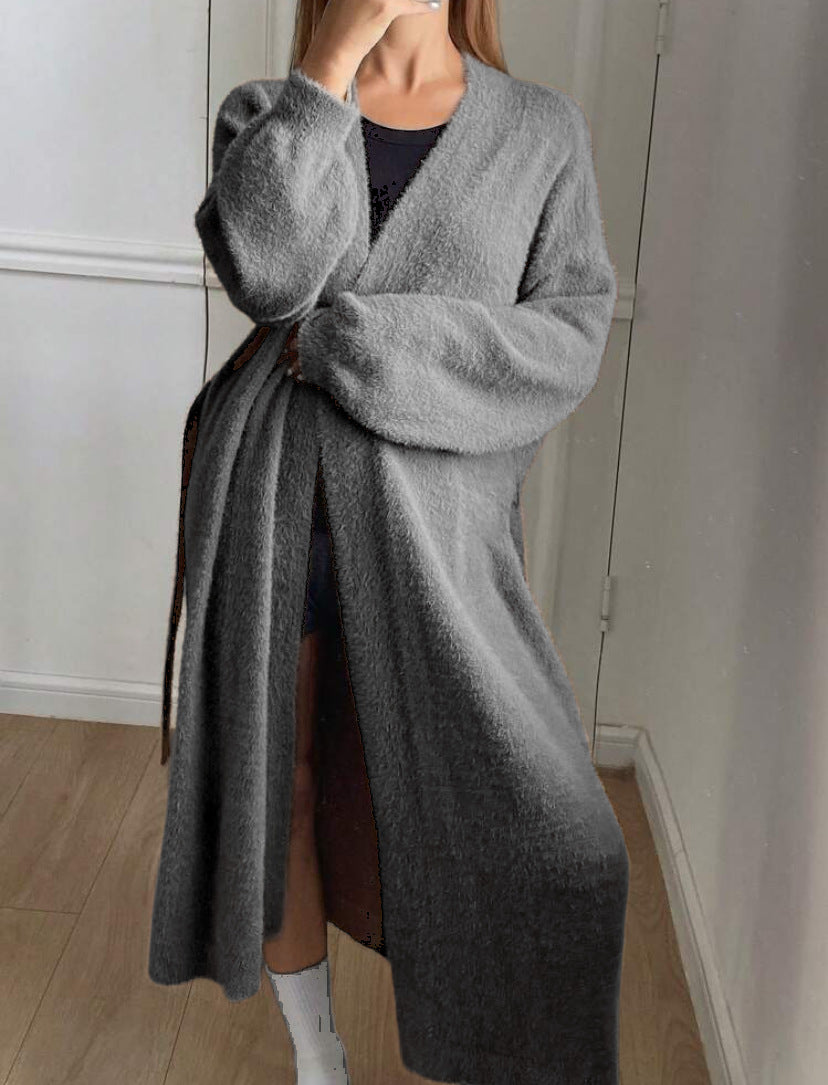 Damen Langer Wickel-Cardigan in Flausch-Optik mit Bindegürtel – Veloura