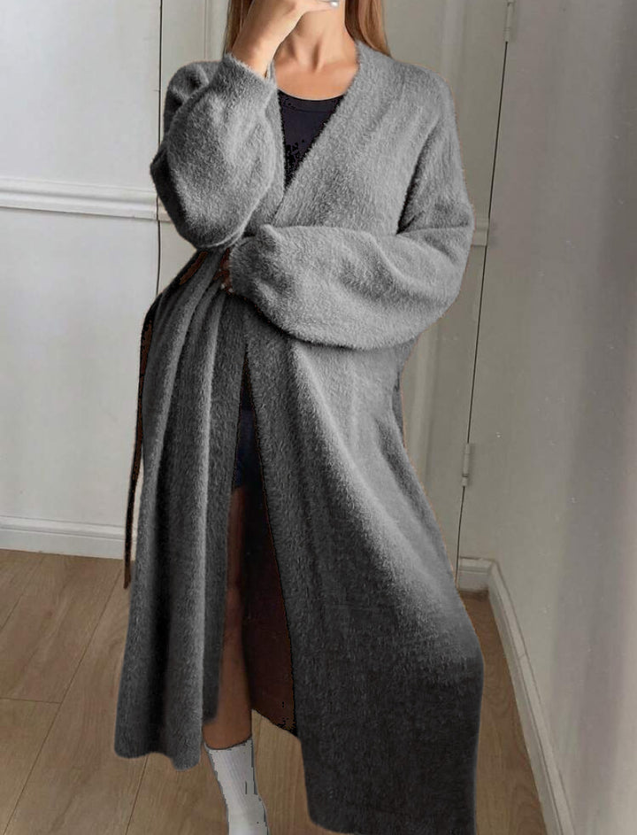 Damen Langer Wickel-Cardigan in Flausch-Optik mit Bindegürtel – Veloura