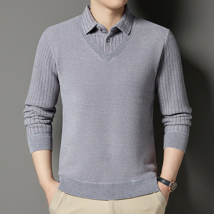 Herren Feinstrick-Pullover mit V-Ausschnitt und integriertem Polokragen Echoarchiv
