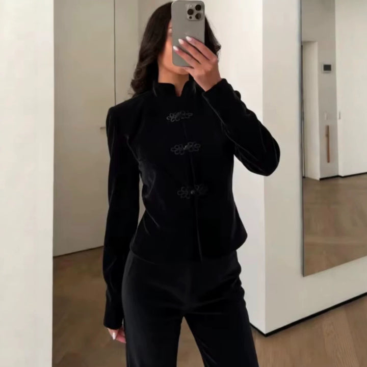 Damen Kurze Jacke im Mandarin‑Stil mit Stehkragen und dekorativen Froschverschlüssen Echoarchiv