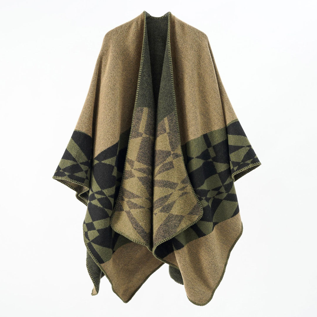 Damen Großer Strickponcho im Cape‑Schnitt mit Ziernaht und geometrischem Intarsia – Veloura