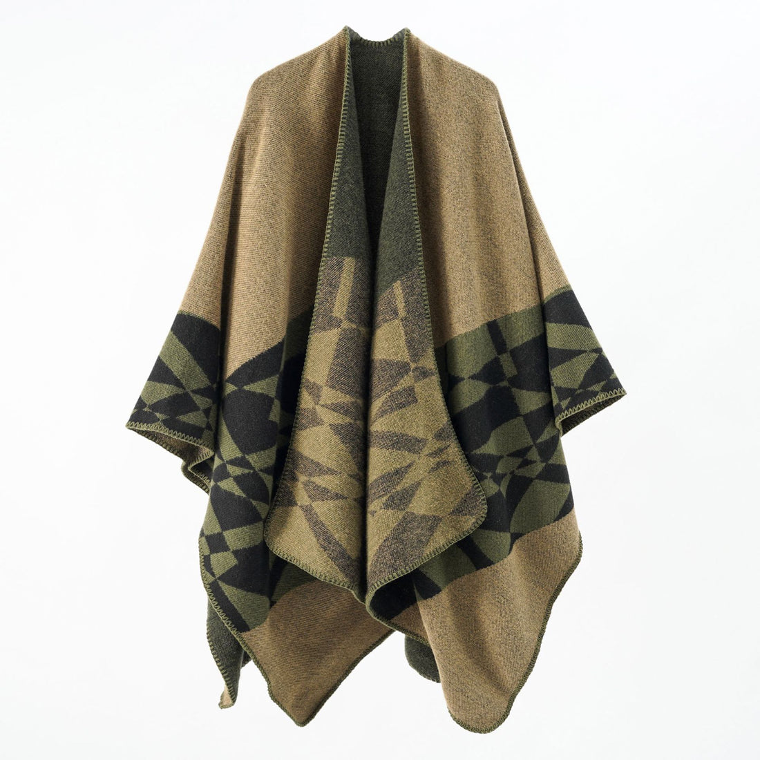 Damen Großer Strickponcho im Cape‑Schnitt mit Ziernaht und geometrischem Intarsia – Veloura