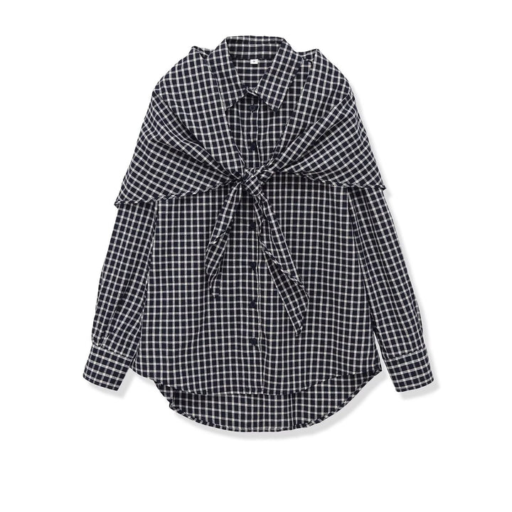 Damen Oversize Karo-Hemdbluse mit Cape-Schulter und Bindeschleife Echo Archiv