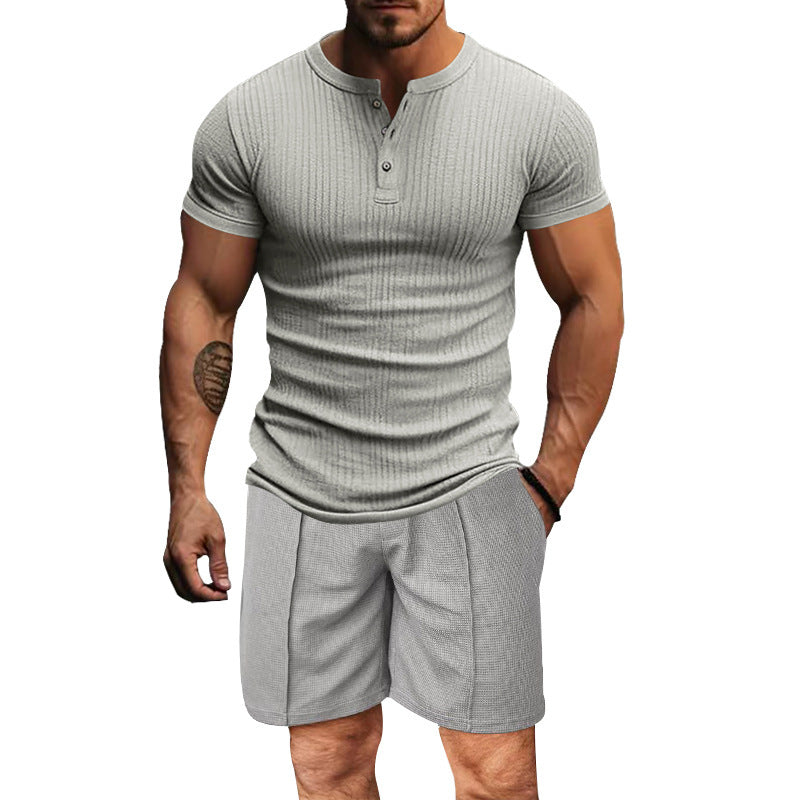 Herren atmungsaktives Henley-T-Shirt mit strukturierter Oberfläche und kurzen Ärmeln Echoarchiv