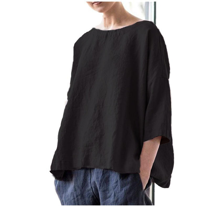 Damen Oversized Leinenbluse mit weitem Boxy‑Schnitt, U‑Boot‑Ausschnitt und 3/4‑Ärmeln Echo Archiv
