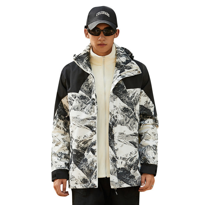 Damen Wasserfeste Outdoorjacke mit Kapuze und markantem Bergprint Echoarchiv