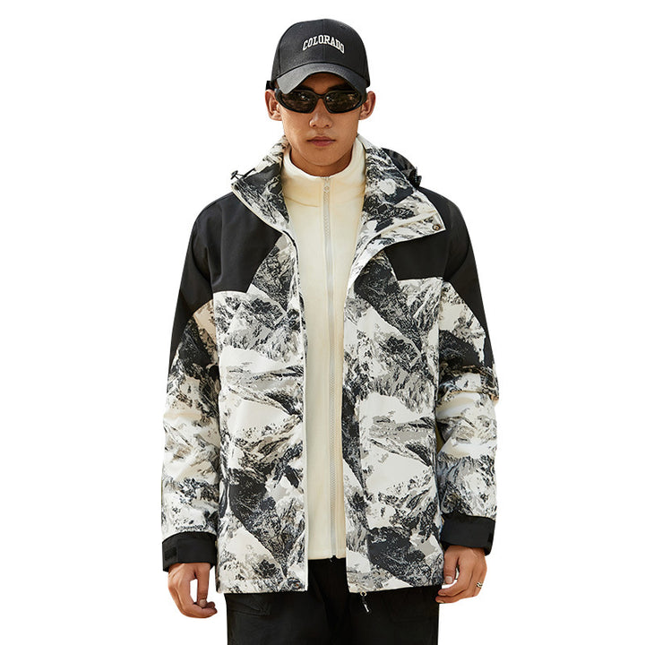 Damen Wasserfeste Outdoorjacke mit Kapuze und markantem Bergprint Echoarchiv