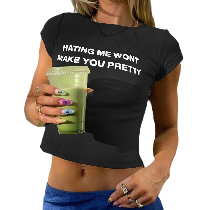 Damen Figurbetontes Crop-T-Shirt mit statement Schriftzug Echo Archiv