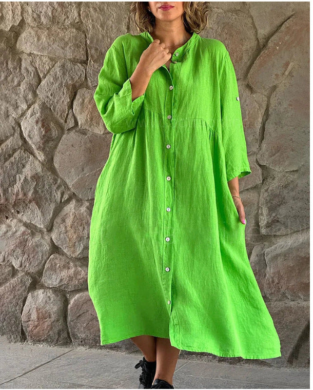 Damen Locker Midi Kleid aus Leinenmischung mit durchgehendem Knopfleiste und Seitentaschen – Élara