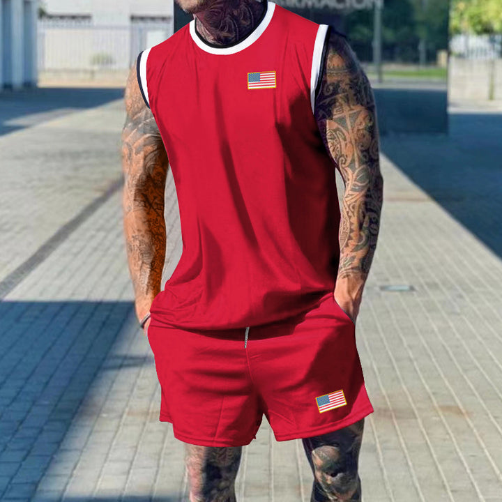 Herren sportliches Tanktop und Shorts-Set mit dekorativem Flaggenmotiv Echoarchiv