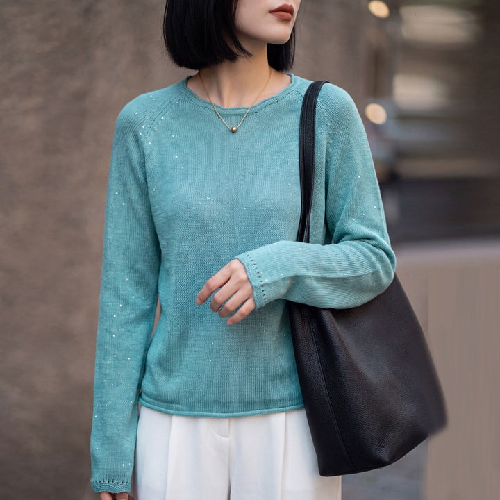 Damen leichter Feinstrickpullover mit dezenter Glitzeroptik und Raglanärmeln Echoarchiv
