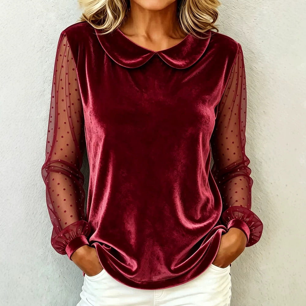 Damen Kuschelige Samtbluse mit Peter-Pan-Kragen und gepunkteten Mesh-Ärmeln – Élovi