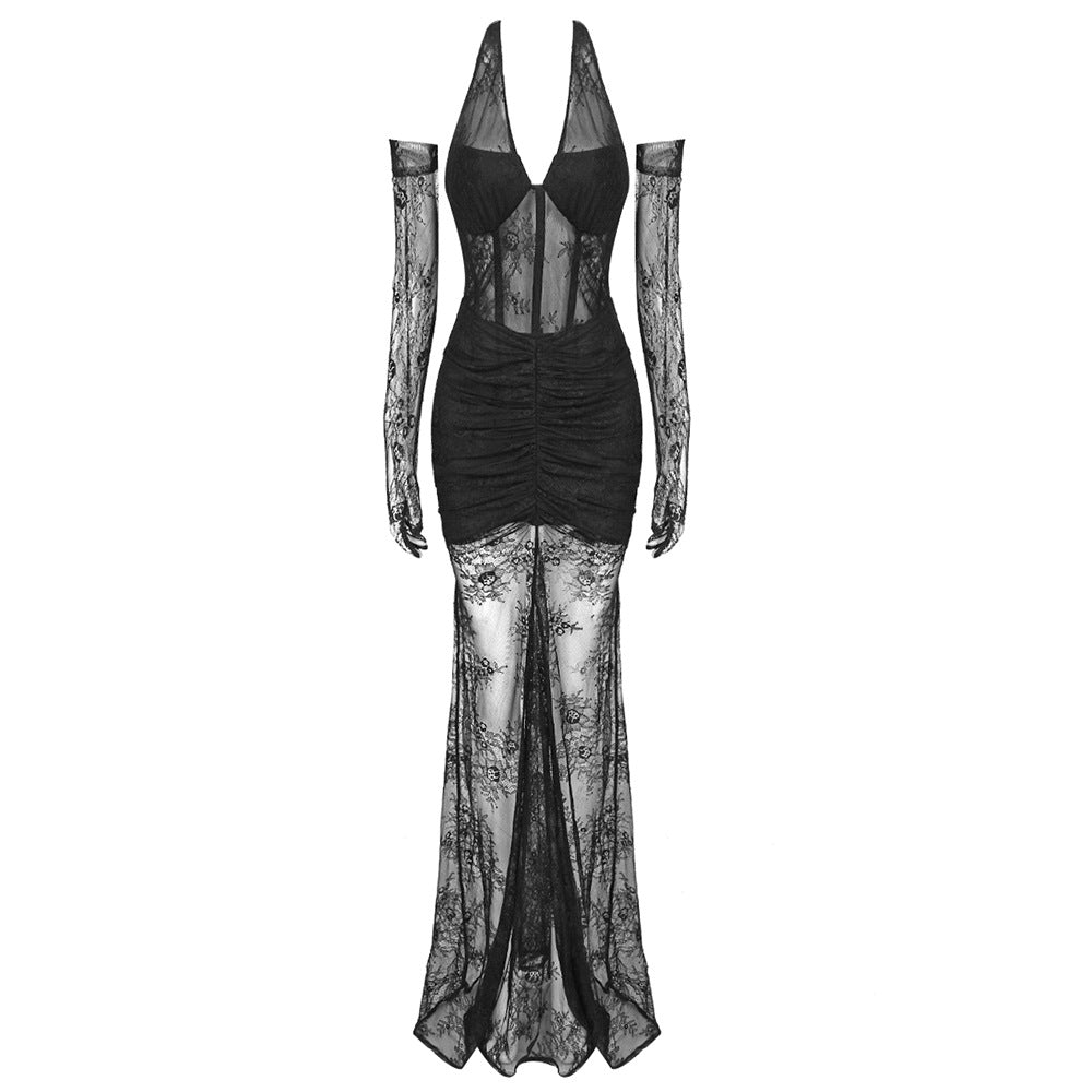 Damen elegantes Spitzenkleid mit langem Ärmel und raffinierten Falten Echo Archiv