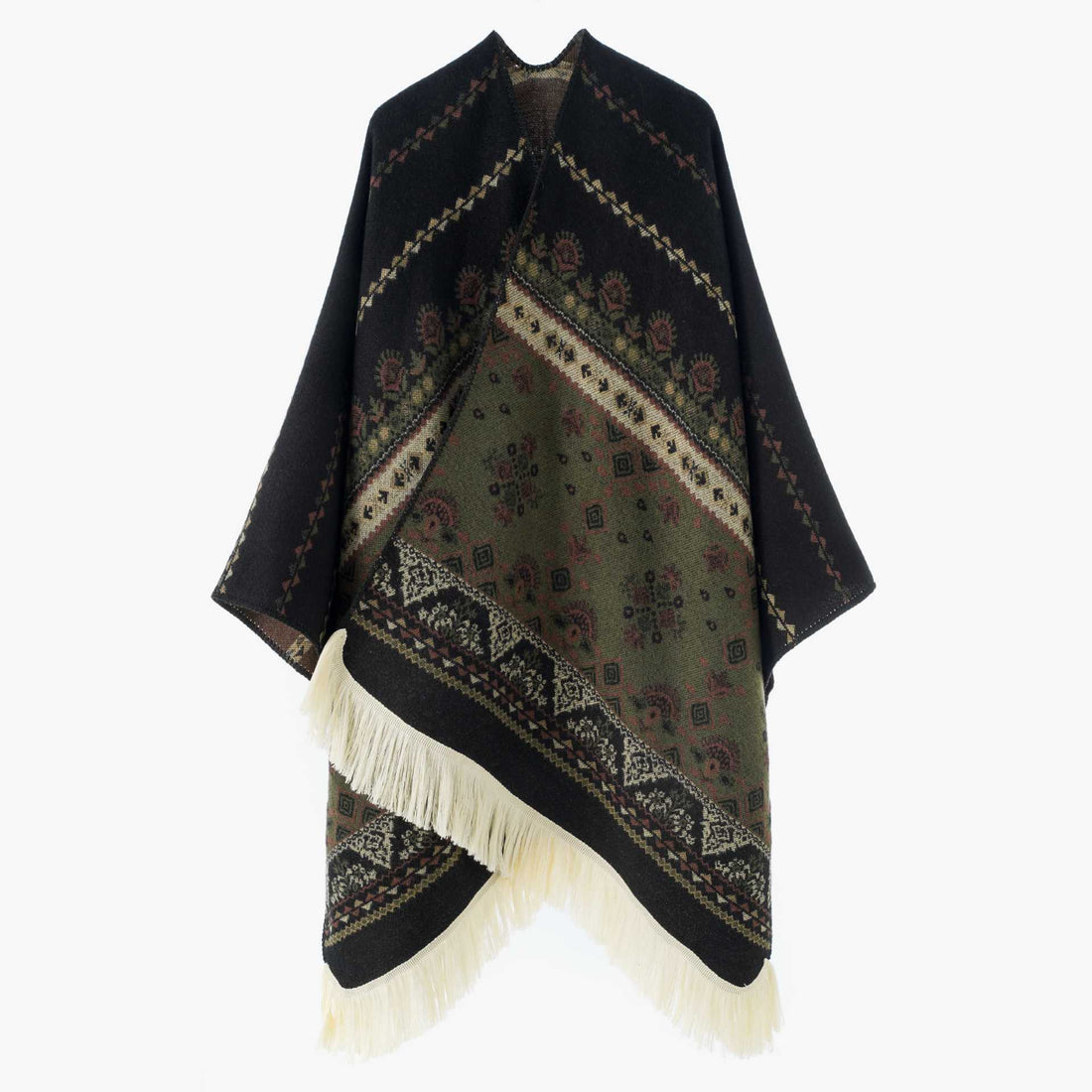 Damen Jacquard‑Ruana mit Fransen und folklorem Muster – Avérine