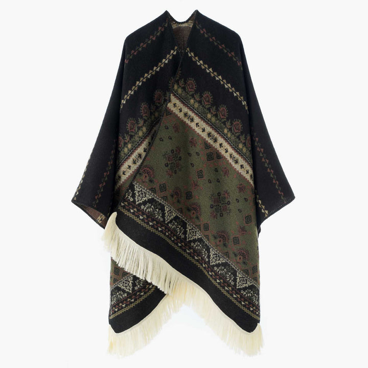 Damen Jacquard‑Ruana mit Fransen und folklorem Muster – Avérine
