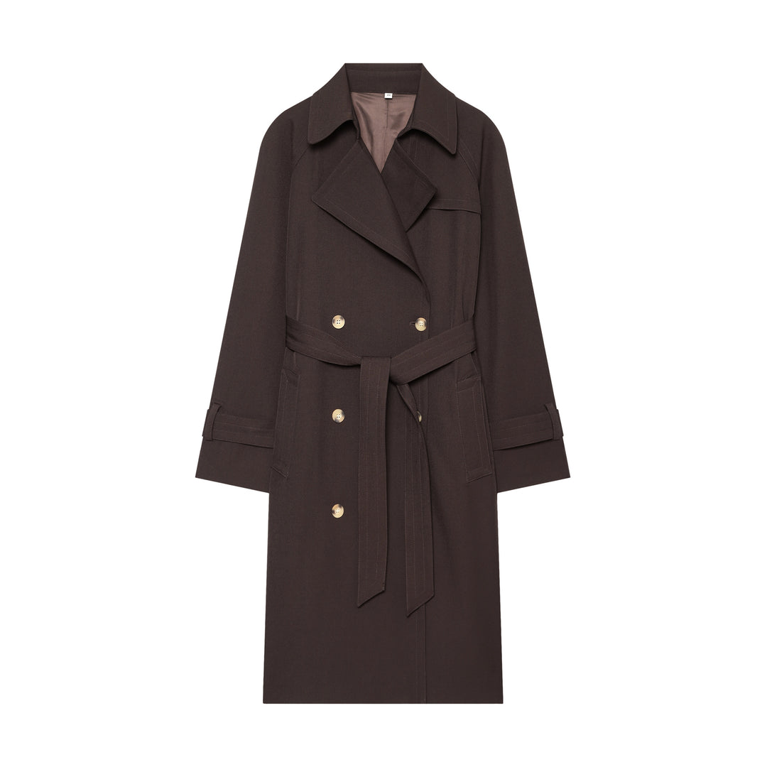 Damen eleganter Utility-Trench mit breitem Revers, Bindegürtel und aufgesetzten Pattentaschen – Avérine