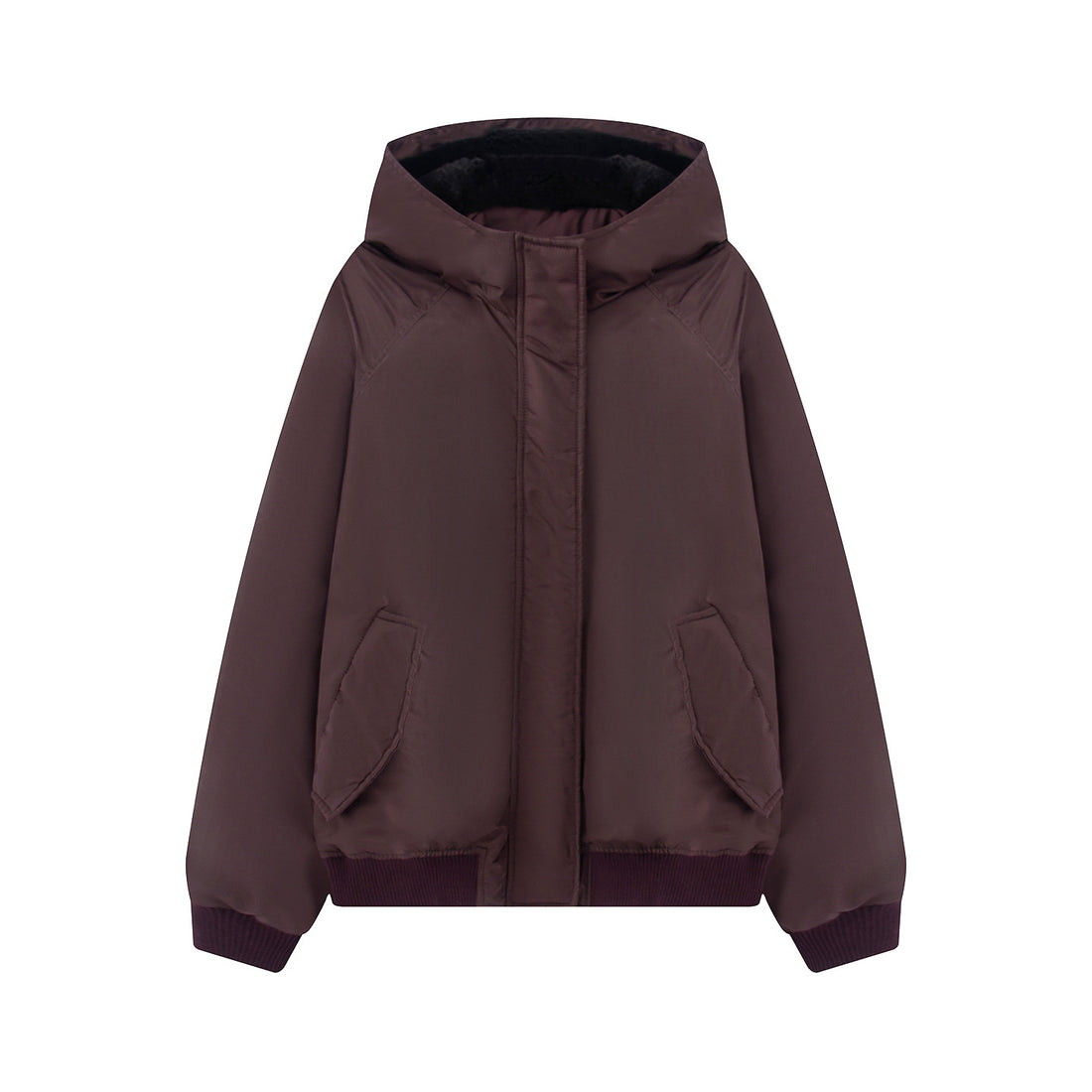 Damen wattierte Kapuzenjacke mit Teddyfutter, verdeckter Reißverschluss und Rippbündchen – Célinea