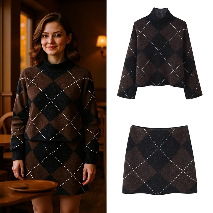 Damen Strick‑Set aus Rollkragen‑Poncho und Minirock mit Argyle‑Muster Echo Archiv