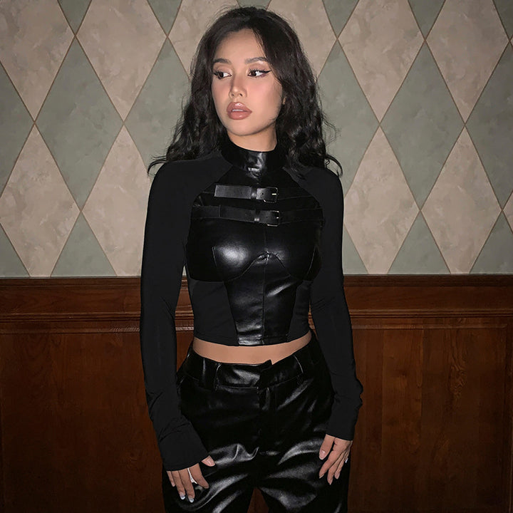 Damen trendiges Kunstledercrop-Top mit verstellbaren Schnallen Echo Archiv