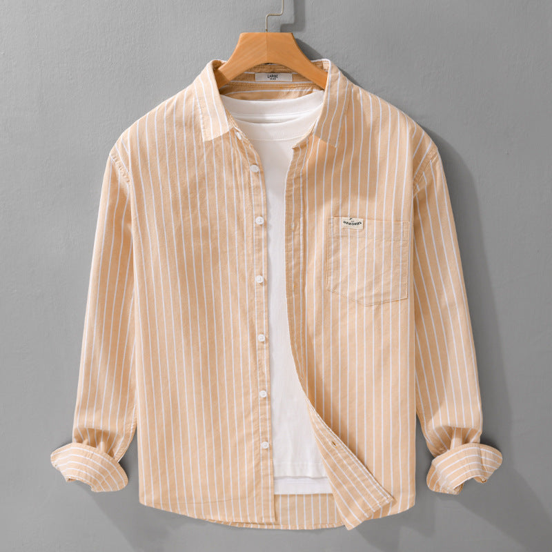 Herren Gestreiftes Layering-Overshirt aus softem Baumwollmix mit Kentkragen und aufgesetzter Brusttasche Echoarchiv