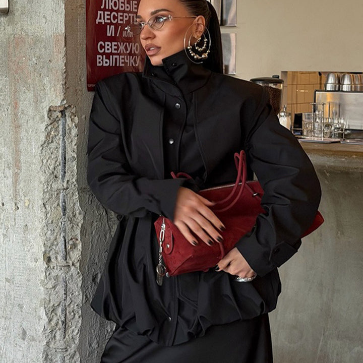 Damen Sculpturaler Boxy-Blouson mit hohem Stehkragen und gerafftem Volumenbund Echoarchiv