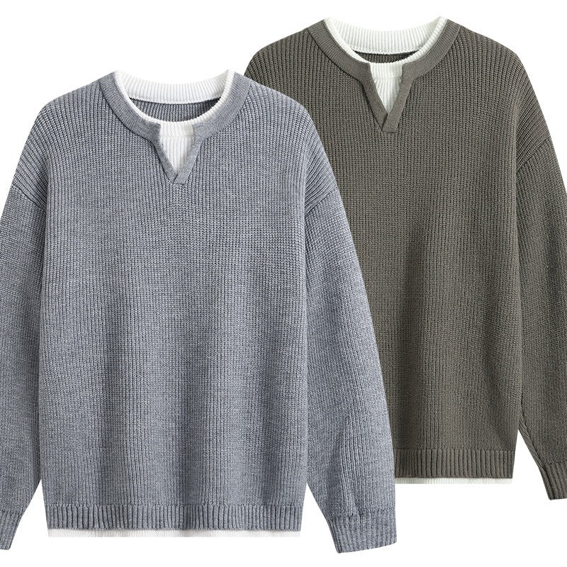 Herren Oversize-Strukturstrick-Pullover mit V‑Einsatz am Rundhals Echoarchiv