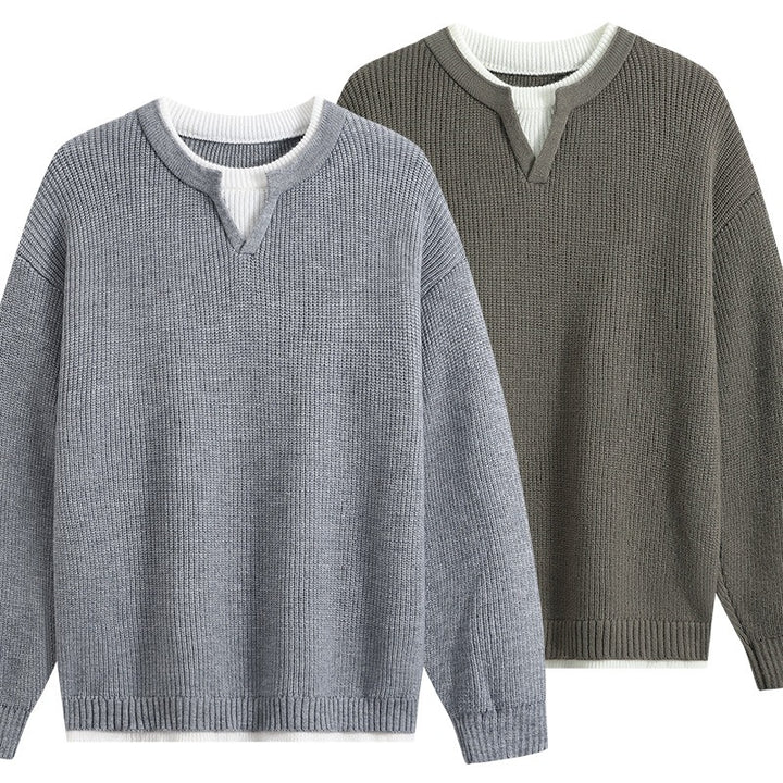 Herren Oversize-Strukturstrick-Pullover mit V‑Einsatz am Rundhals Echoarchiv