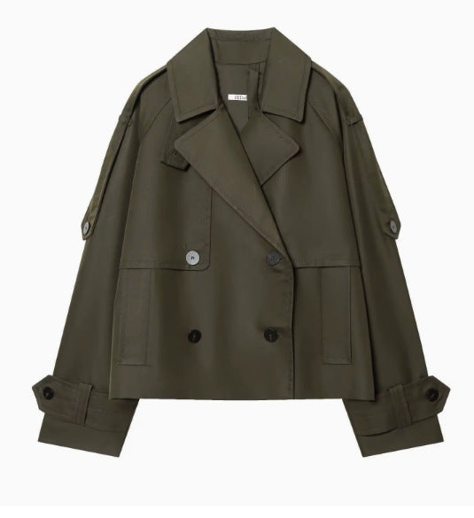 Damen 300+ kurzer doppeltreihiger Cropped‑Trenchcoat mit Epauletten und verstellbaren Manschetten Echo Archiv