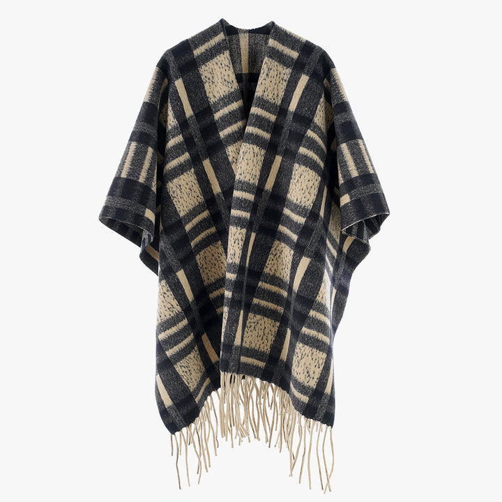 Damen Kariertes Wollmix-Poncho‑Cape mit Fransensaum und offenem Oversize‑Fall Echo Archiv