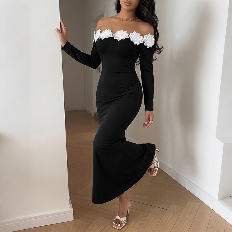 Damen Schulterfreies Maxikleid mit Carmen‑Ausschnitt, figurbetonter Silhouette und Spitzenblütenbesatz – Valéora