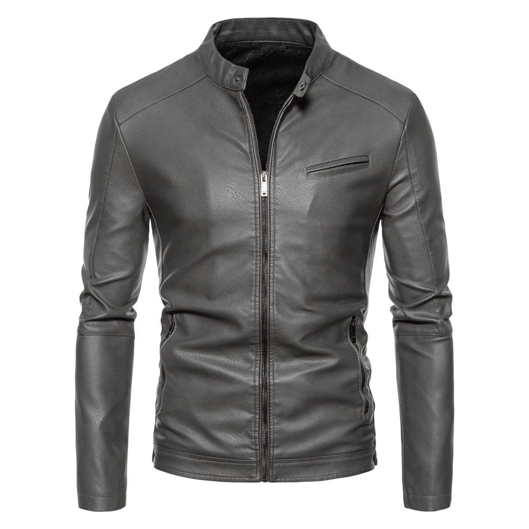 Herren Schmale Kunstleder-Bikerjacke mit Stehkragen, Innenfutter aus Kunstfell und Reißverschlusstaschen Echo Archiv