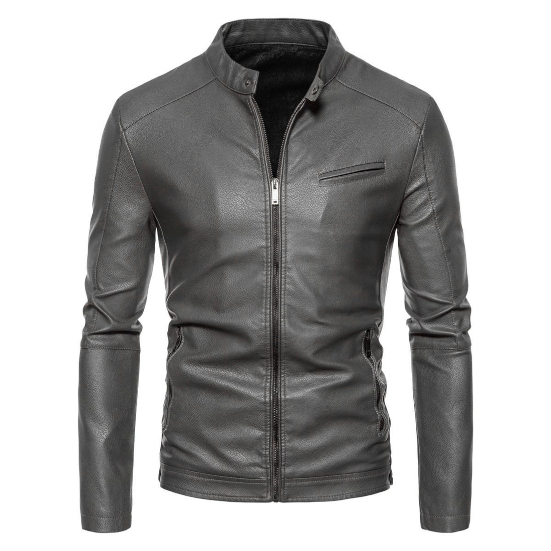 Herren Schmale Kunstleder-Bikerjacke mit Stehkragen, Innenfutter aus Kunstfell und Reißverschlusstaschen Echo Archiv