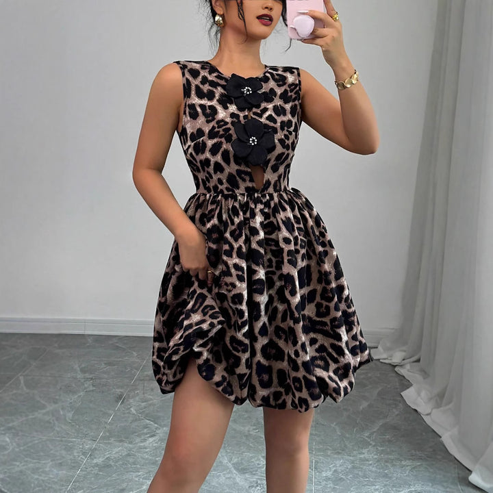 Damen nan kurzes Partykleid mit Leopardenmuster, floralen Applikationen und tailliertem Ballonrock Echo Archiv