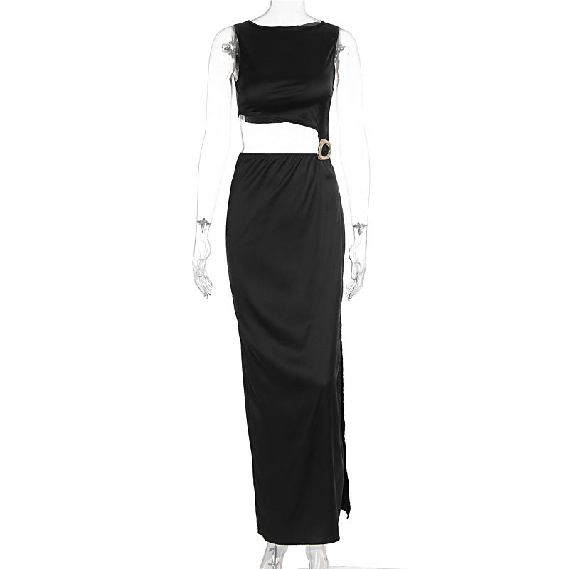 Damen Maxi-Kleid mit asymmetrischem Oberteil und stilvollem Gürtel Echo Archiv